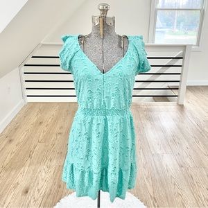 NWT XS S LC Lauren Conrad, V-neck aqua blue teal short sleeve mini dress